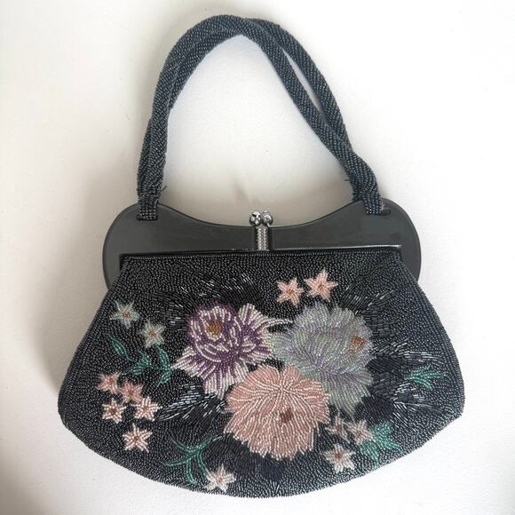 Vintage Black Floral Beaded Evening Bag Retro Glam 1950s Art Deco Collectible - Picture 1 of 8